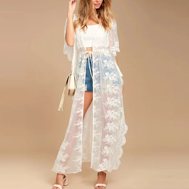 Белый кружевной пляжный кардиган накидки туники саронг пляжная одежда длинное