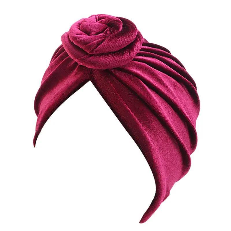 

Velvet Muslim Hat African Knot Hijab Scarf Soft Warm Headband Turban Women Baotou Cap Knotted India Hats Soft Pure Color Cap