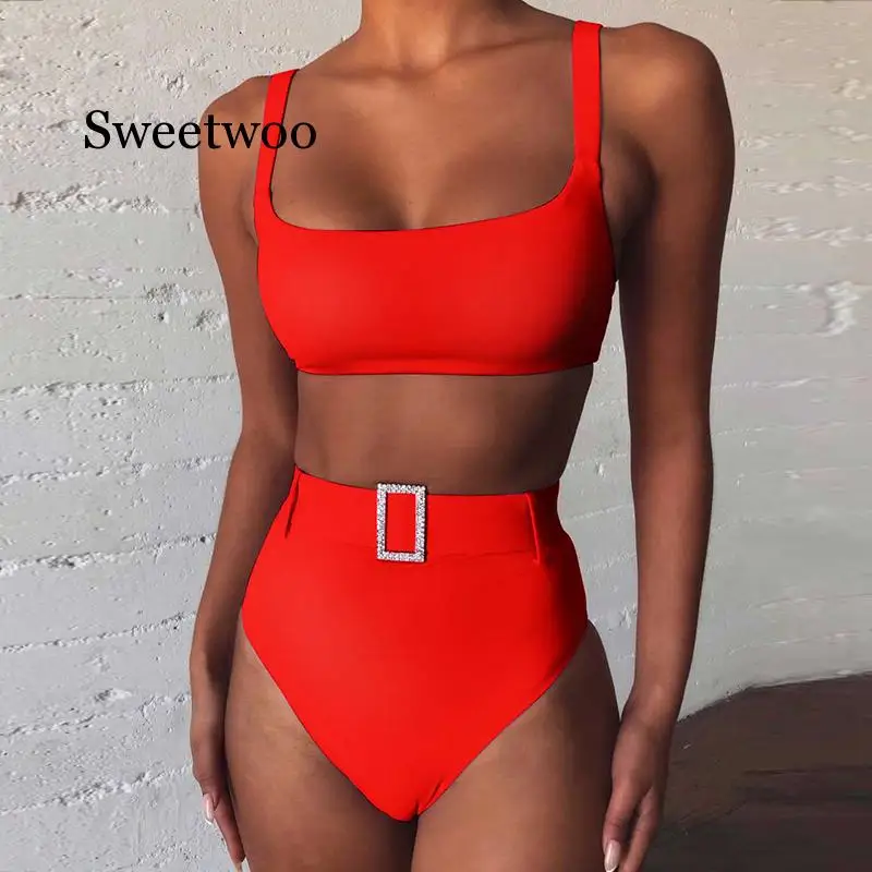 Бикини с высокой талией 2020 женский розовый купальный костюм купальники ремнем
