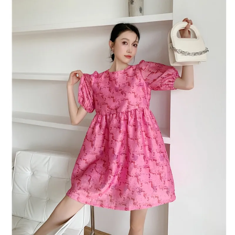 

Женское платье с пышными рукавами и круглым вырезом, розовое элегантное вечернее платье в Корейском стиле, лето 2021