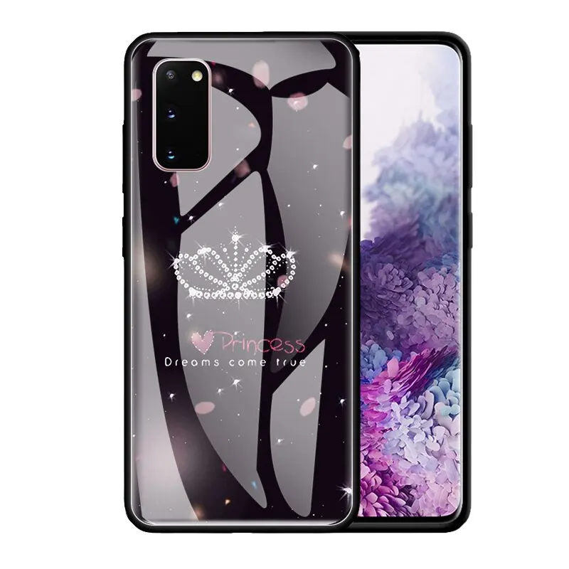 Glass Case For Samsung Galaxy S20 FE S10 S9 S8 Plus Note 20 Ultra 10 Lite 9 8 Tempered Phone Cover Capas Diamond Crown Printing