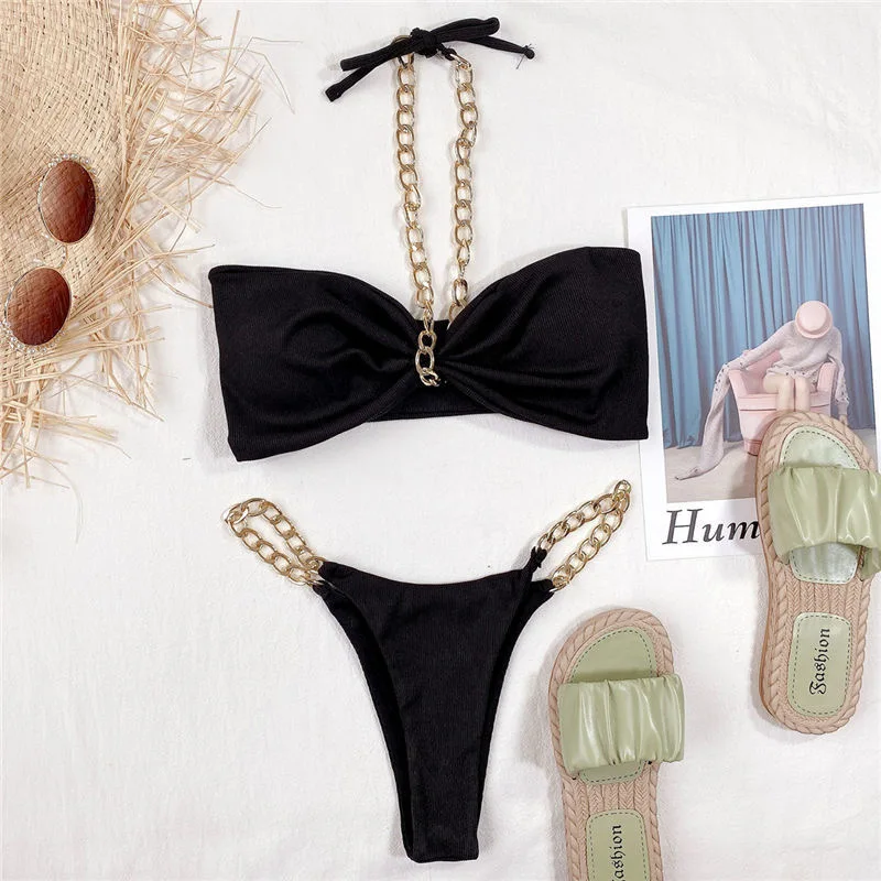 

European and American new bikini female split swimsuit solid color sexy halter chain fashion bikini