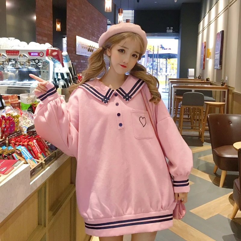 Pink Sweatshirt Милая Женская толстовка, Осенний Свободный пуловер с длинным рукавом и вышитым матросским воротником, новинка, милые вещи, Повседневная Женская толстовка с капюшоном - Цвет: Pink Sweatshirt