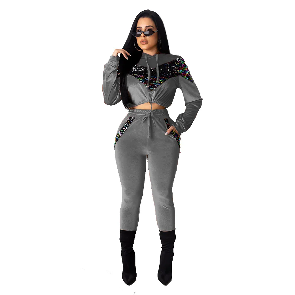 Зимний женский комплект с длинным рукавом спортивный костюм блестками толстовка