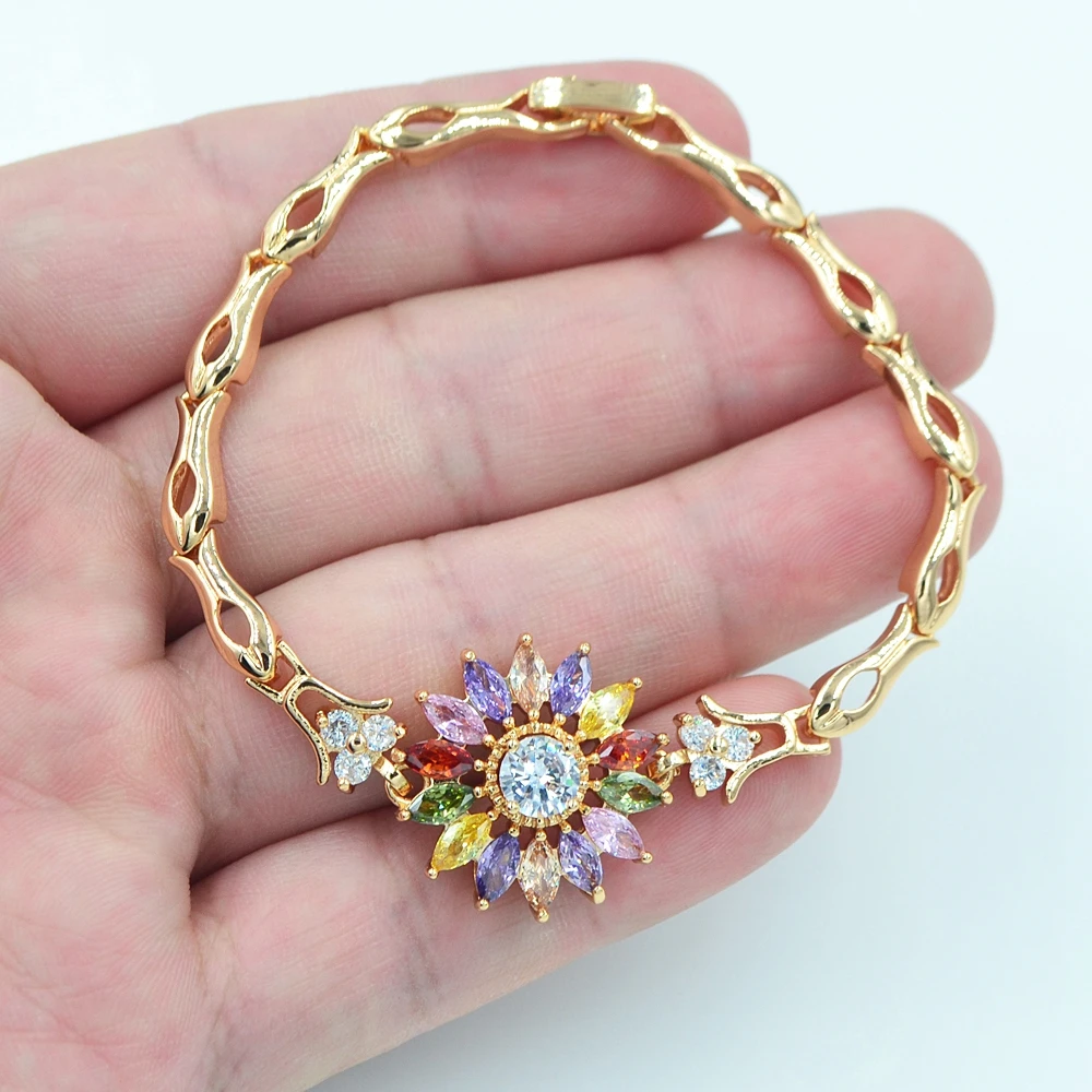 Gold Color AAA+ Cubic Zirconia Fashion Women Multicolor CZ Sunflower Charm Bracelet Jewelry | Украшения и аксессуары