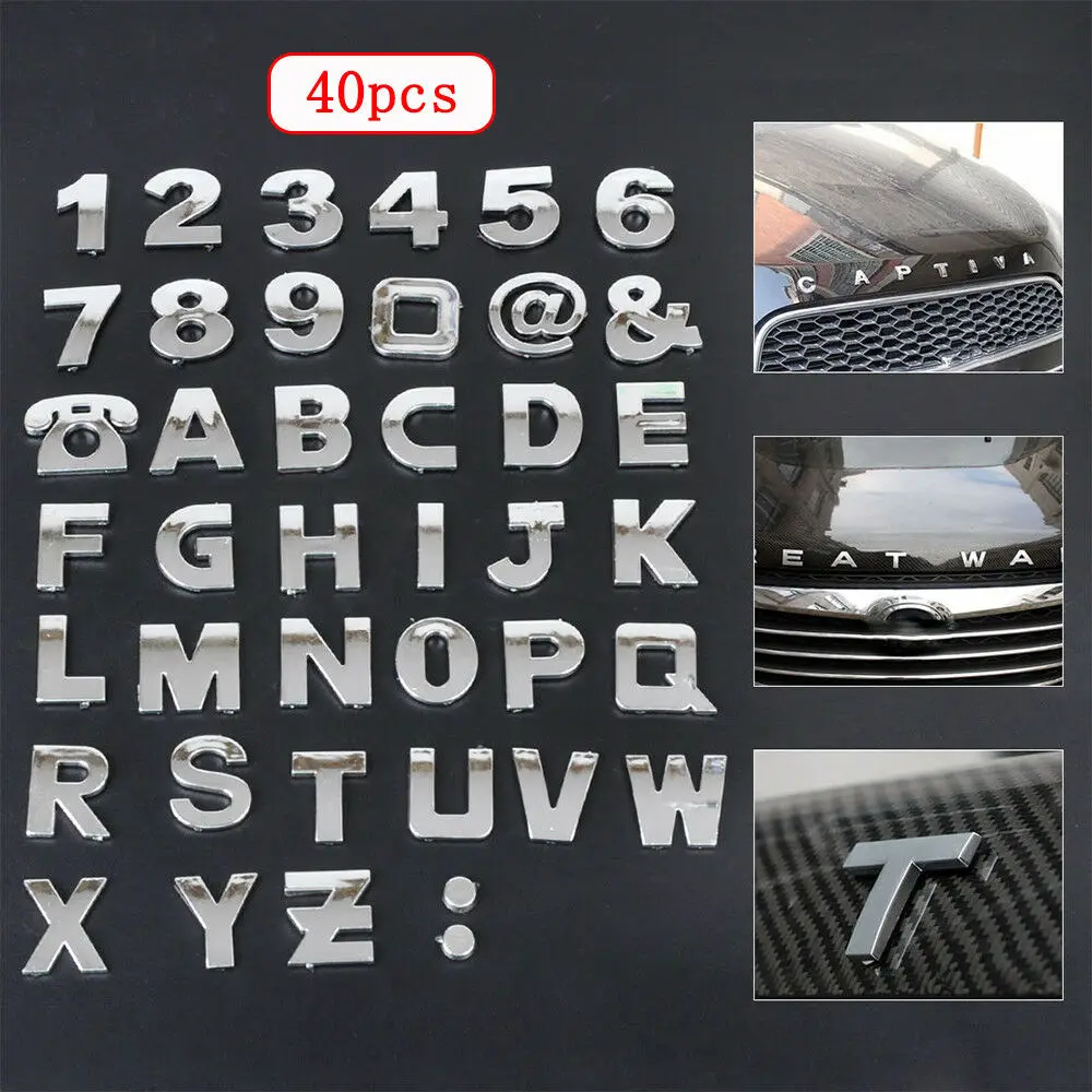 

40pcs Car Stickers And Decals Funny 3D Alphabet Letter Number Symbol Emblem Badge Tuning Auto Stickers Decal Steel DIY Universal