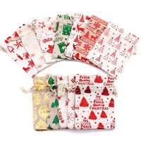 5pcs christmas gift bag 10x14cm linen cotton cloth packaging bags wedding party decoration drawable bags for jewelry