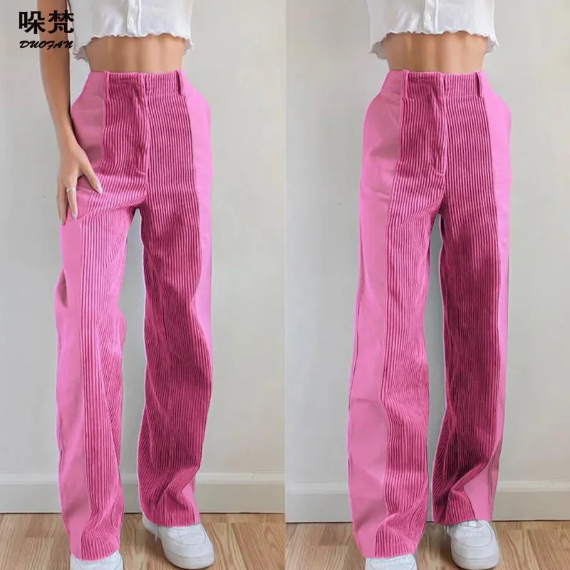 

DUOFAN Patchwork Y2K Pink Pants Women Streetwear 90S Vintage Harajuku Sweatpants High Waist Baggy Wide Leg Corduroy Trouser