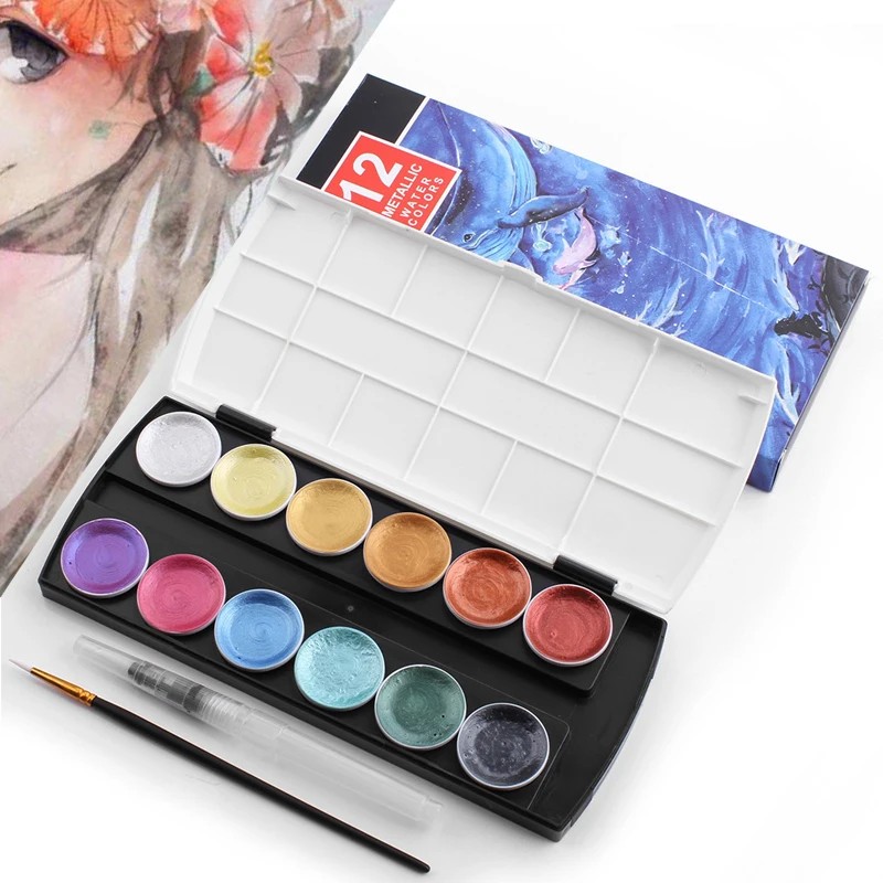 

12 Color Solid Watercolor Paint Set Gold Paint Watercolors With Water Brush for Painting Water Color Pigment Art Drawing