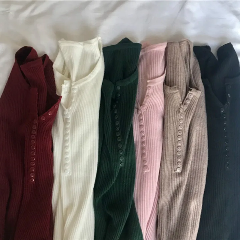 

Autumn Button V Neck Sweater Women Basic Slim Knitted Pullover Women Sweaters High Elastic Knit Jumper Lady Sweater 2020