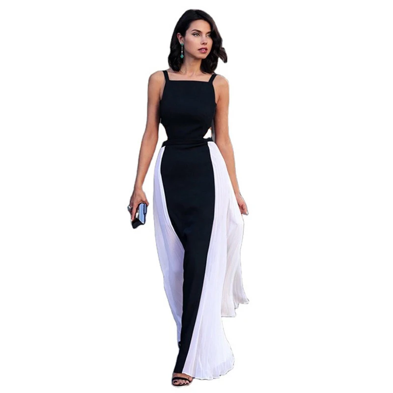 

Women Summer Sexy Sleeveless Long Maxi Dresses Lady Backless Back and White Patchwork Dress Party Dresses Women Evening 2021