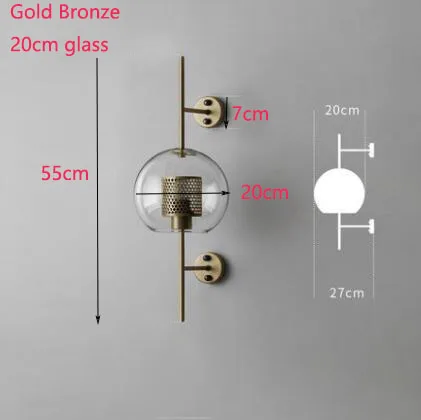 Gold 20cm Промышленный стиль, настенный светильник для гостиной, 20 см, 25 см, прозрачный стеклянный абажур, ретро креативное настенное освещение в стиле лофт, для прохода, лестницы, спальни - Цвет абажура: Gold 20cm