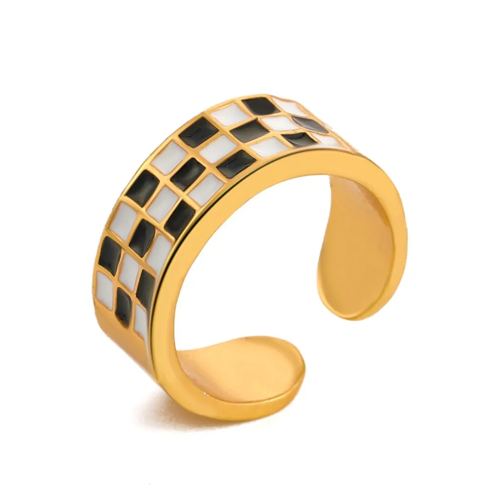 

Black White Grid Checkerboard Rings For Women Opening Geometry Adjustable Chunky Ring Vintage Personality Fashion Jewelry