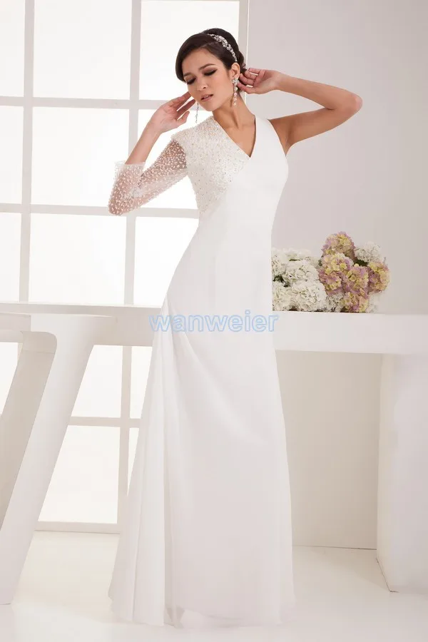 

free shipping 2016 formal dress new design hot sale cap sleeve long sleeve brides maid beaing chiffon white/ivory evening Dress