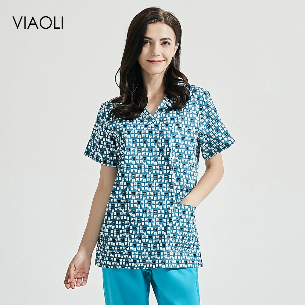 

Tooth printing Scrubs tops Kindergarten teacher workwear tooth beauty pet scrubs tops/pants/set cleaning job uniforms wholesale