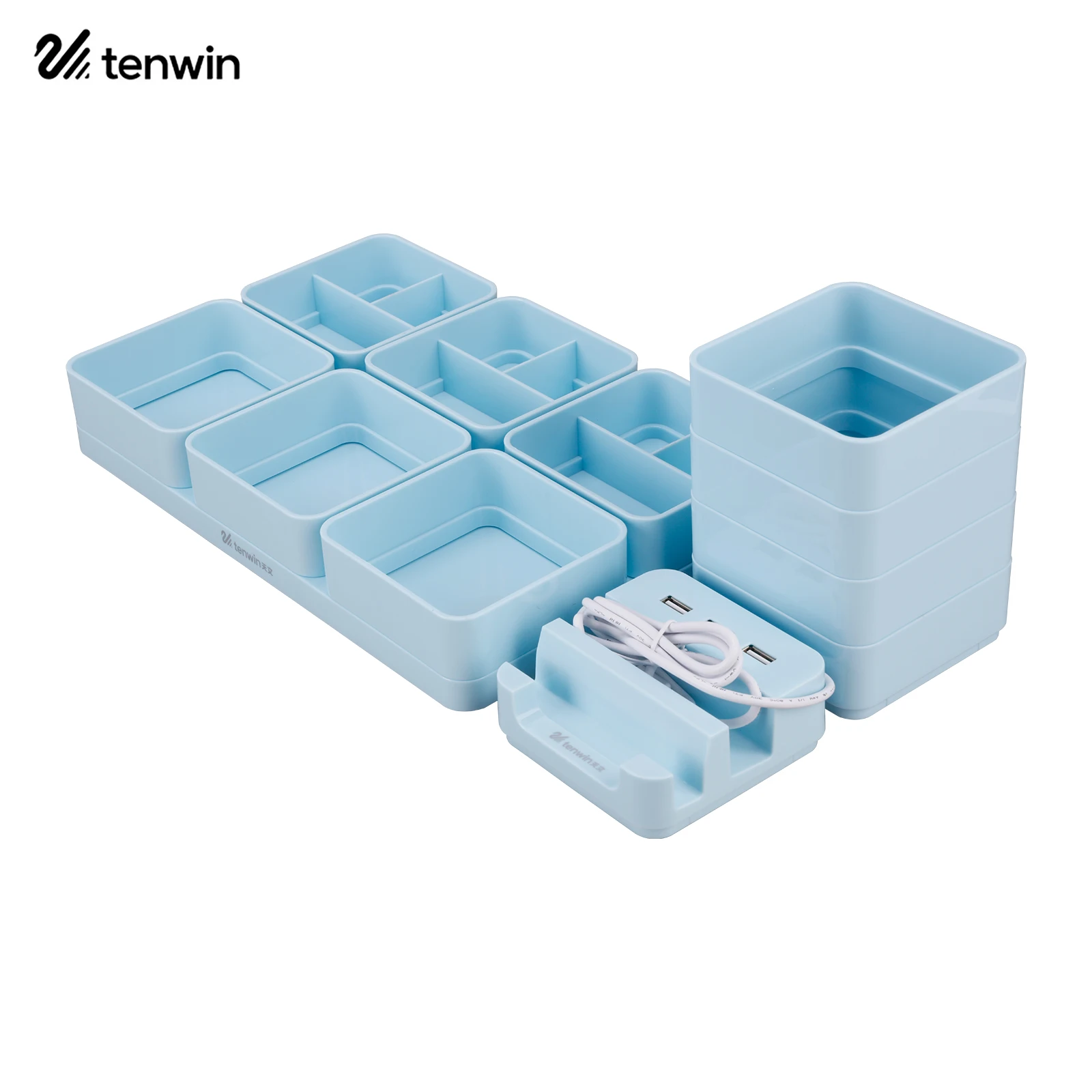 

1 pc DIY Plastic Storage Box 3-in-1 USB Charging Station Multi-Function Desk Organizer Pen Holder for Home Office Supplies