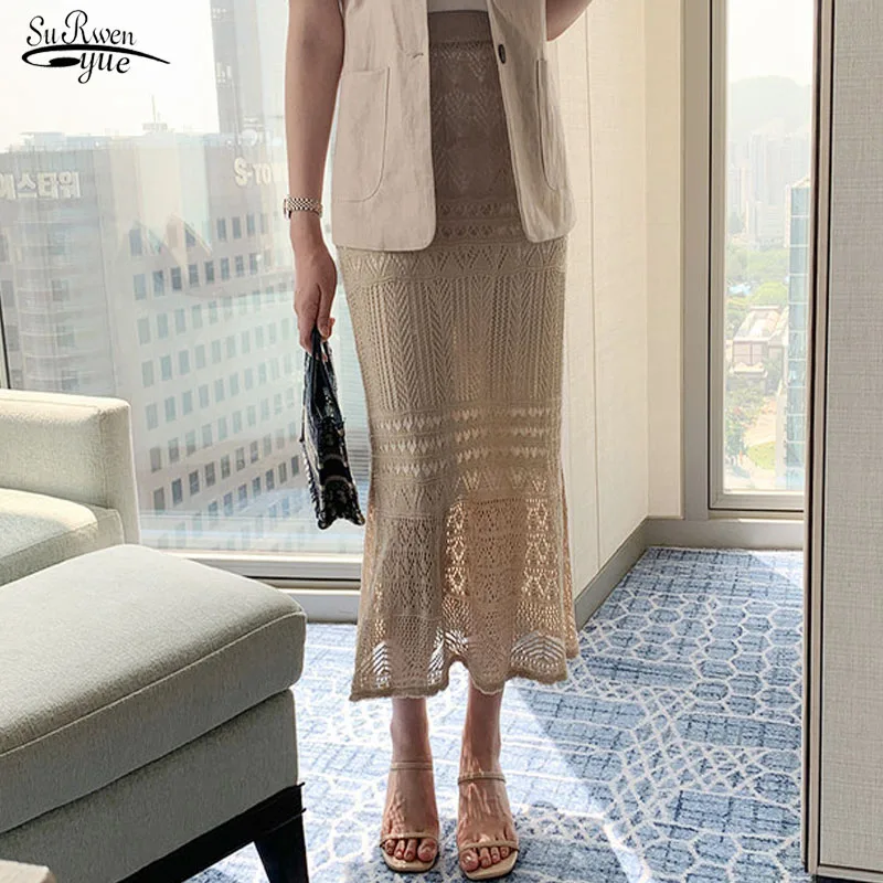 

Office Ladies European and American Summer Women Korean Simple Solid High Waist Ankle Length Skirt Hollow Out Elegant 14809