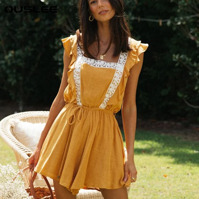 OUSLEE Cotton Jumpsuit Women Fashion Korean Style Sleeveless Lace Patchwork Playsuit Female Casual High Waist Wide Leg Bodysuits
