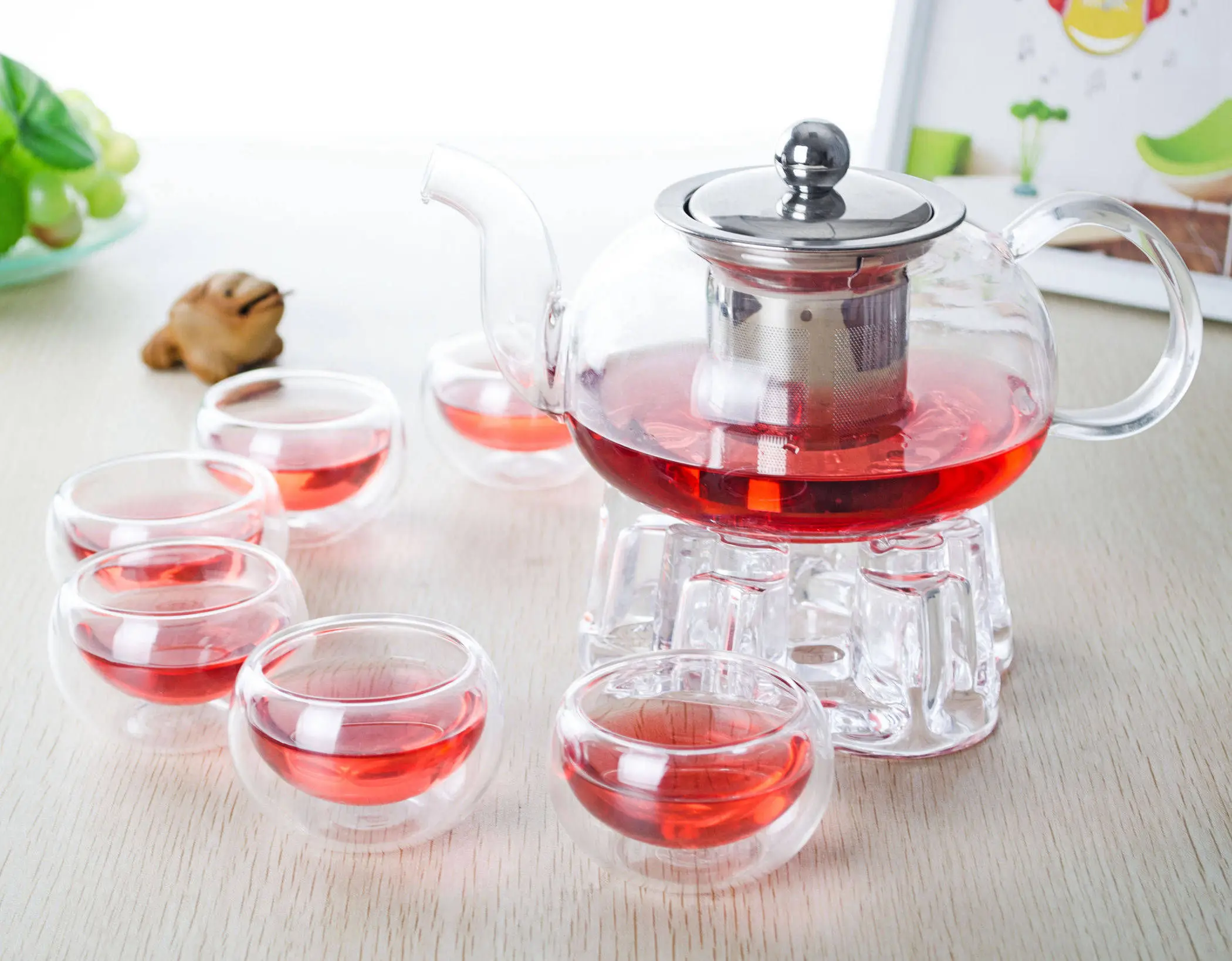 Набор кофе и чая Кунг-фу 8 в 1, 1x B-625 мл короткий стеклянный графин с нержавеющей стальной фильтром + кристальный подогреватель + 6 двойных стенок чашек.