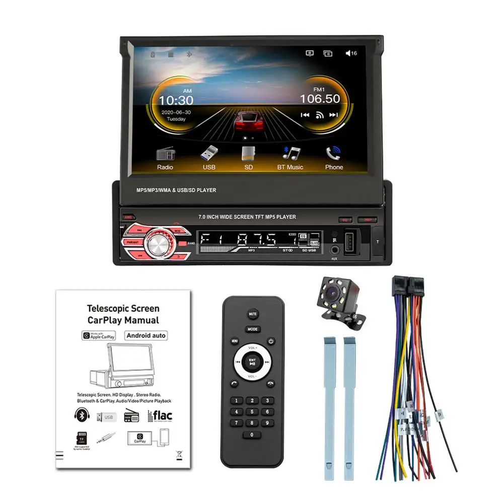 

1 Din Car Radio 7 Inch HD Retractable Screen MP5 Multimedia Player Camera Audio Video Player AM FM USB TF AUX Autoradio