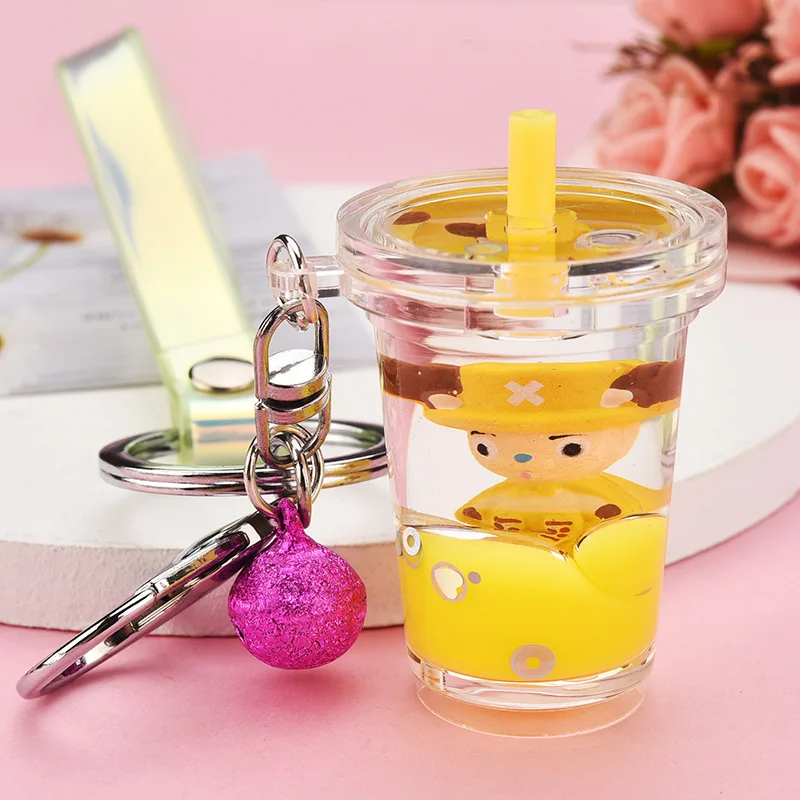 Acrylic Quicksand Milk Tea Cup Keychain Creative Floating Cartoon Chopper Anime Keyring for Men Boy Bag Pendant Key Chains Gifts | Украшения