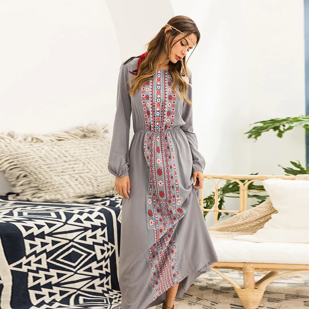 Длинное платье Abaya для женщин длинное с длинным рукавом и этническим принтом