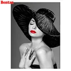 Алмазная 5D картина сделай сам, женская шляпа, черная, белая, искусство, красные губы, полная квадратная, круглая вышивка стразы, искусство, вышивка крестиком