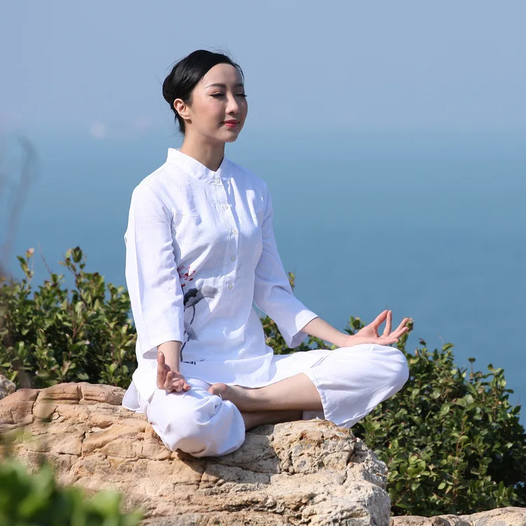 

Women Tai Chi Martial Arts Kungfu Uniforms Linen Printed Quickly Dry Yoga Sweatshirt+pant Jogger Casual Fitness Set Activewear