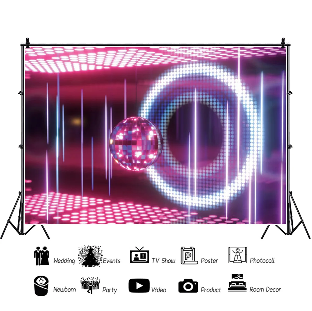 

80 90s Disco Neon Light Ball Background Portrait Photography Indoor Party Photozone Decor Backdrops Photocall Studio