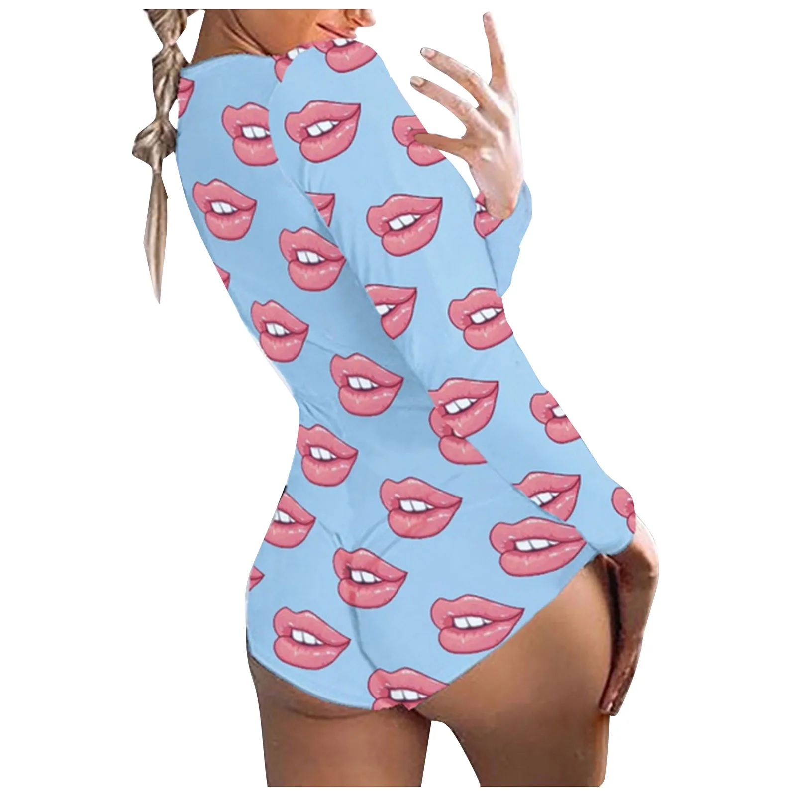 

Lips Print Sleepwear Onesies Women's Button-down Functional Buttoned Flap Adults Jumpsuit Sexy nightgown pijamas de mujer