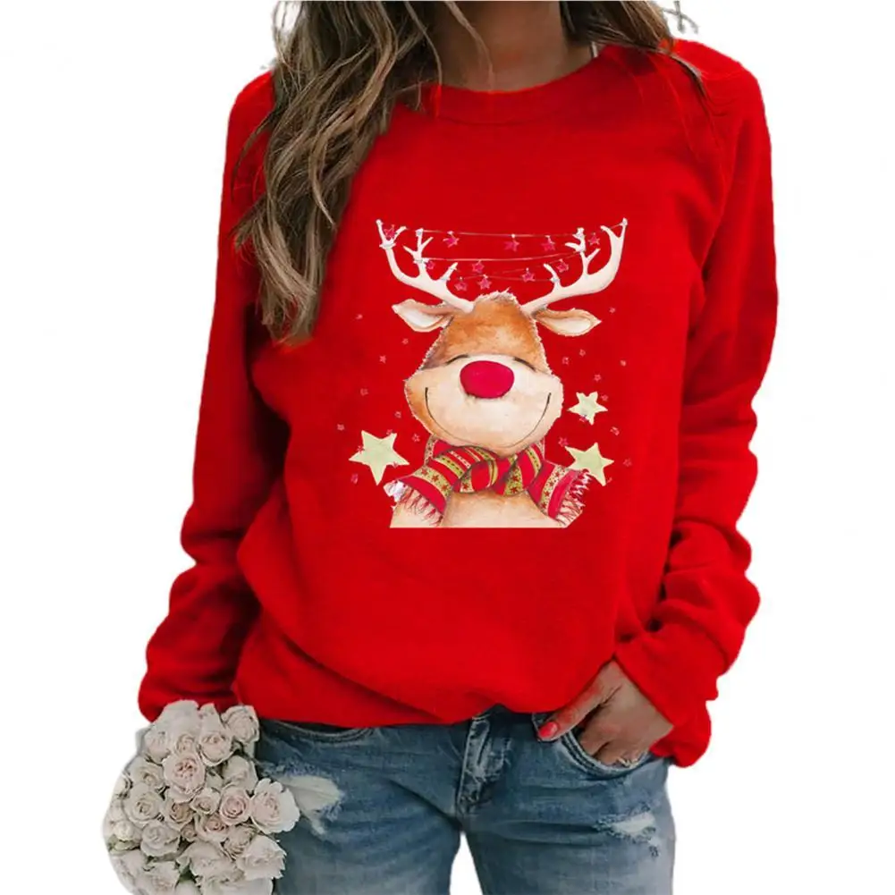 

Autumn Winter Trendy Deer Star Print Women Sweatshirt Plush Lining Casual Sweatshirt O-Neck Outerwear