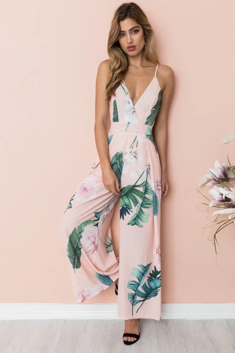 

Summer Women's Fashion Print Suspenders Sexy V-neck Loose Wide Leg Jumpsuit