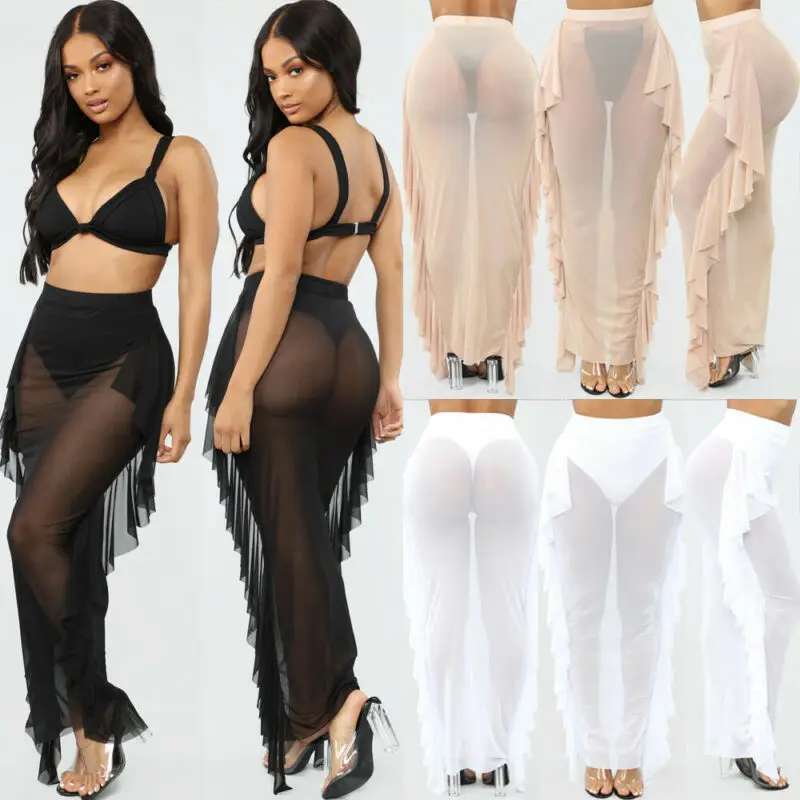 Женские Сексуальные Обтягивающие юбки с оборками прозрачная сетчатая длинная