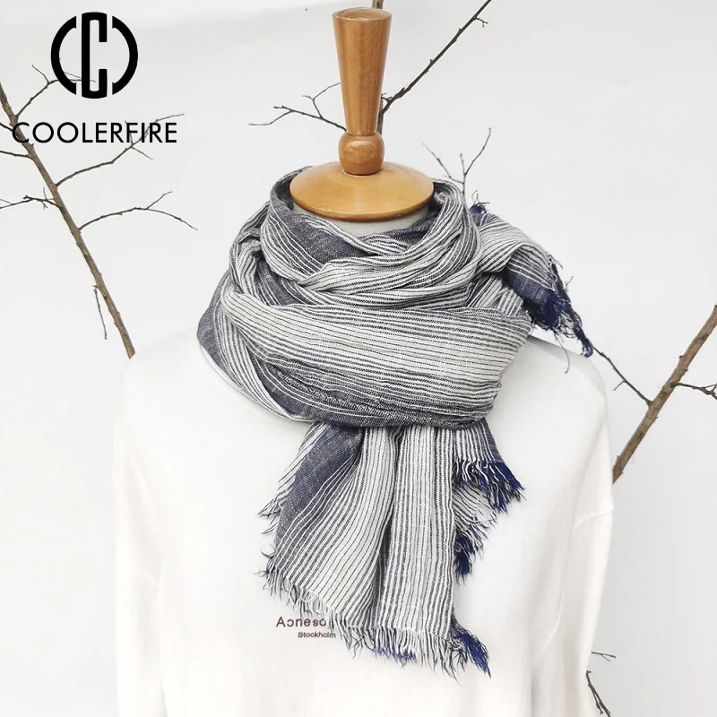 

Зимний шарф для мужчин и женщин, модные стильные хлопковые и льняные шарфы синего и темно-синего цвета в полоску с кисточками, шарф в японско...