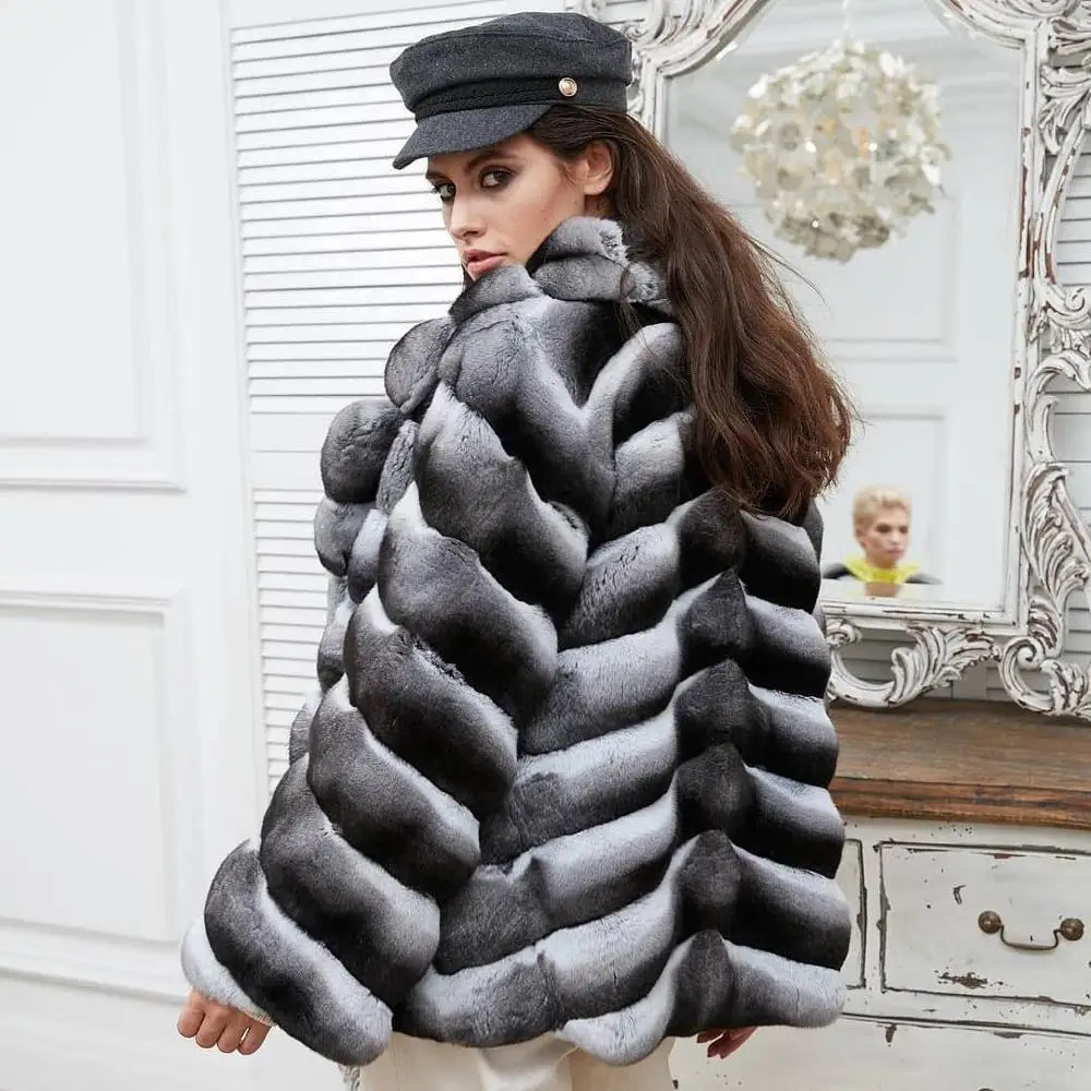 Mid-length Natural Rex Rabbit Fur Jacket with Turn-down Collar Fashion Chinchilla Color Genuine Rex Rabbit Fur Coat Women Outfit