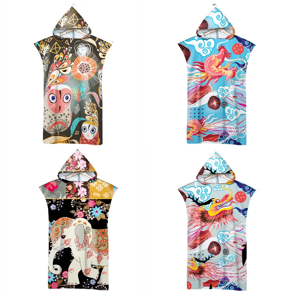 

Cartoon Animals Adult Microfiber Quick Dry Ultralight Bath Beach Towel Outdoor Changing Bathrobe Cloaks Hooded Surf Swimwear