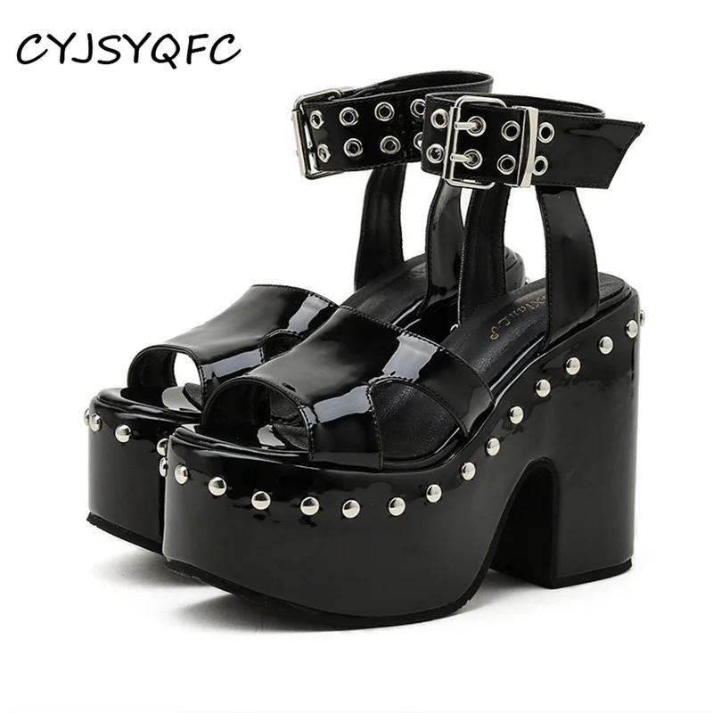 

CYJSYQFC Top Quality Plus Size 43 Chunky Heels Shoes Black Punk Cool Summer Platform Sandals Women Ankel Buckle Bright Leather