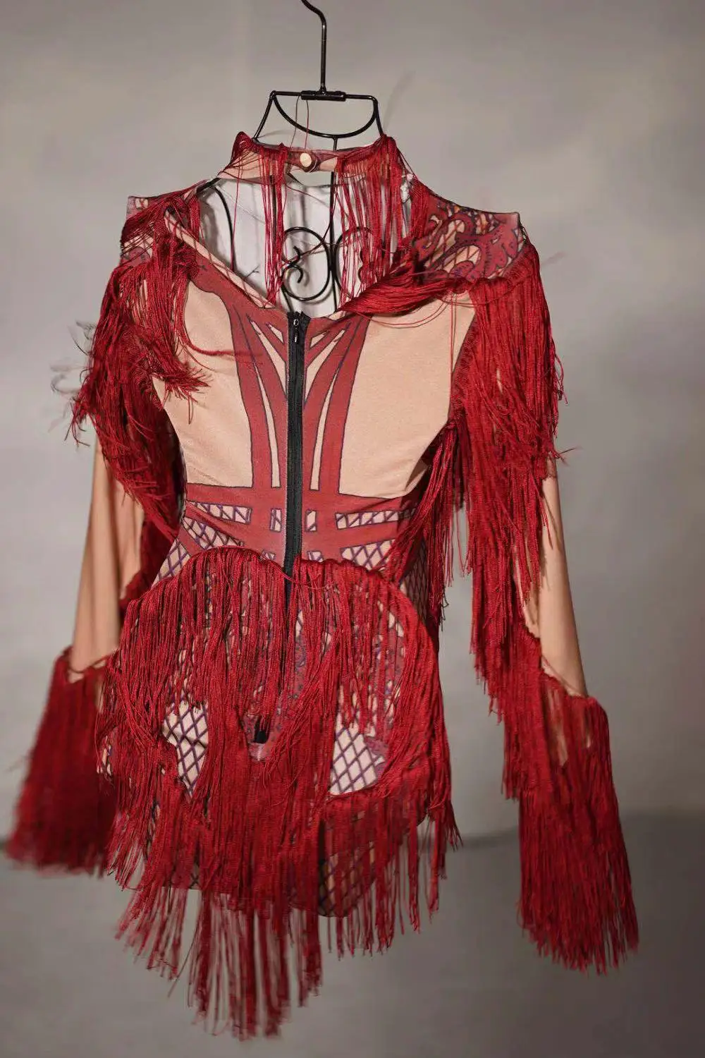 Elastic Long Sleeve Red Tassels Skinny Bodysuit New Year Valentine's Day Bar Club Dance Costume Nightclub Singer Fringe Leotard