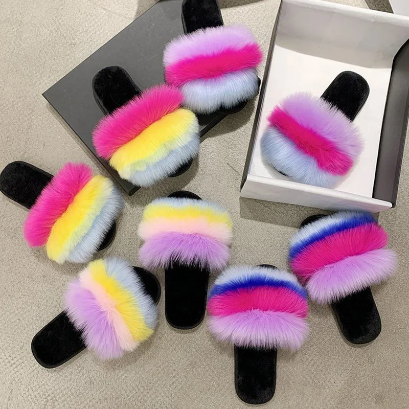 

Winter Indoor Home Furry Slippers Mixed Colors Fur Women Shoes Non-Slip Floor Outdoor Wear-resistant Ladies Slippers 2021 New