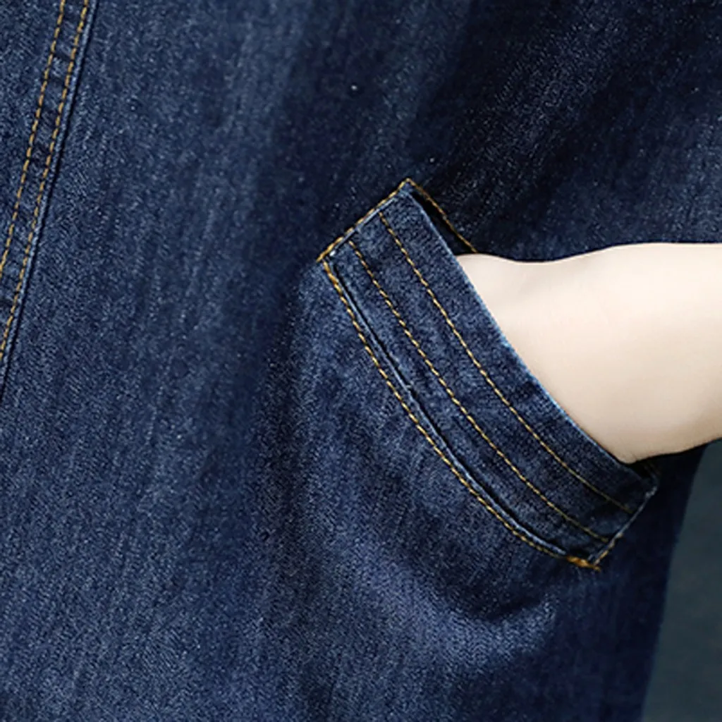 Женское джинсовое летнее платье большого размера свободное с круглым вырезом и