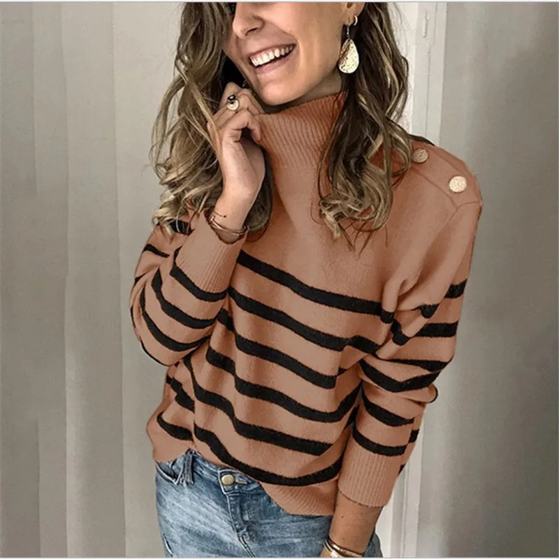 

Women Striped Button Turtleneck Sweater Casual Women Pullover Long Sleeve Loose Casual Knitted Sweater Jumper Pullover Sweaters