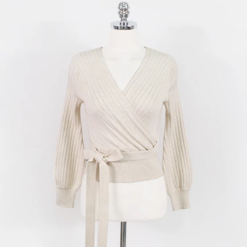 

KUSAHIKI Bow Bandage Slim Waist Knitted Tops Korean V-neck Long Sleeve Slim Knitwear 2021 Spring New Women Pull Jumpers 6F218