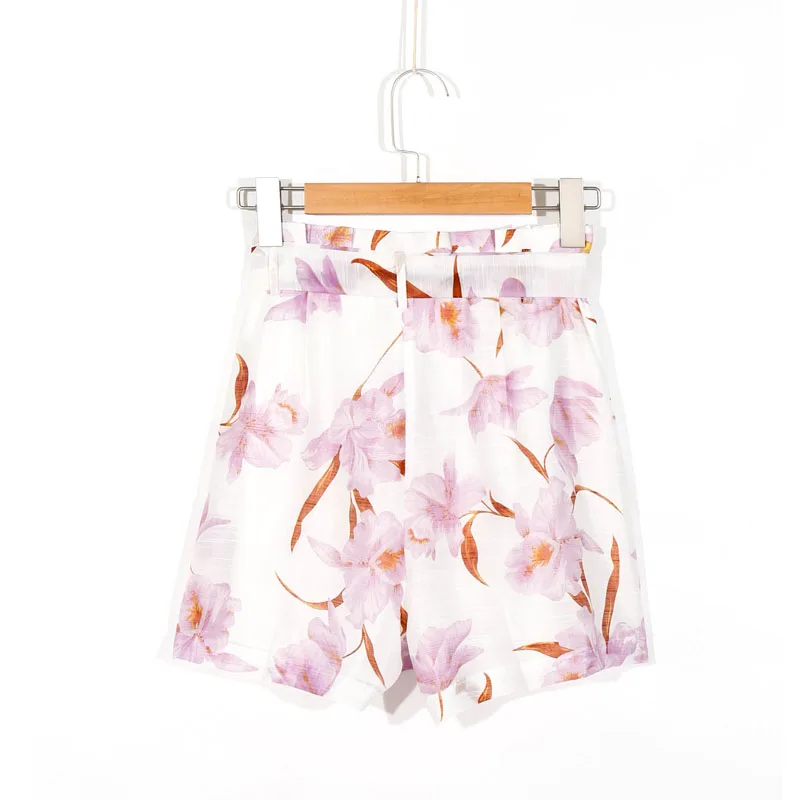 

Summer women's shorts casual flower print belt decoration shorts