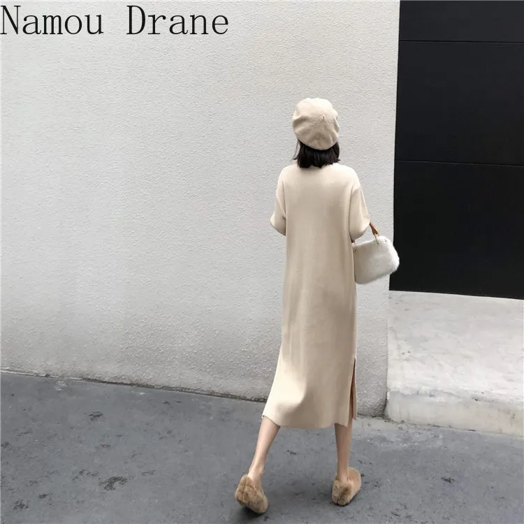 

2020 autumn winter new loose long sleeve knitted dress women vintage solid Turtleneck slim Split a-Line dresses female
