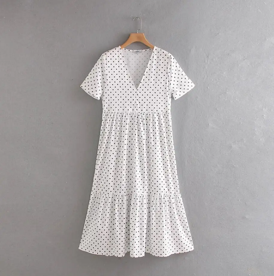 Волна женский Печатный принт миди платье с v образным вырезом короткий рукав