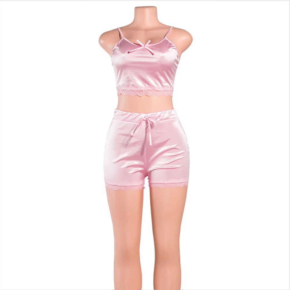 

Sexy 2 Piece Satin Silk Pajama Set Women Sleeveless Pyjamas Sleep Shorts Set Lace Pijama Suit Sleepwear for Woman Strap Nighties