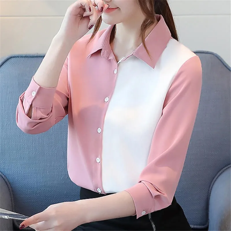 

Блузка женская шифоновая с длинным рукавом, Модный повседневный Топ, Офисная рубашка свободного покроя, розовая уличная одежда, Q4568