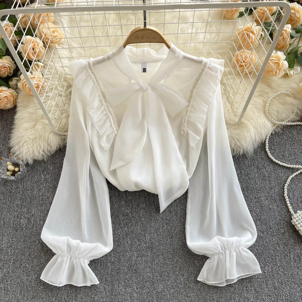 

C700 Women New Fashion Autumn Sweet Lace Up Bow Neck Shirt Top Mujer Loose Ruffle Bead Stitching Long Sleeve Blouse