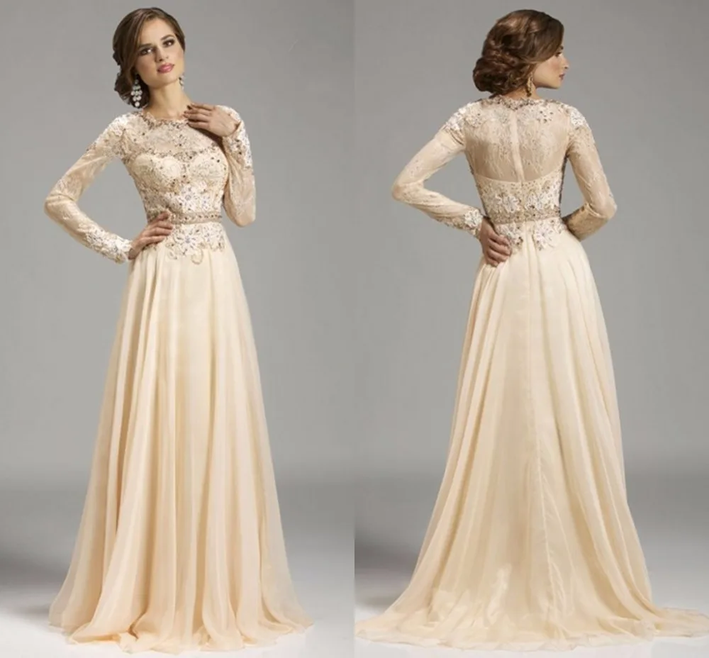 

Elegant A Line Chiffon Long Sleeve Lace Prom Dresses 2016 vestidos de baile robe de bal galajurken