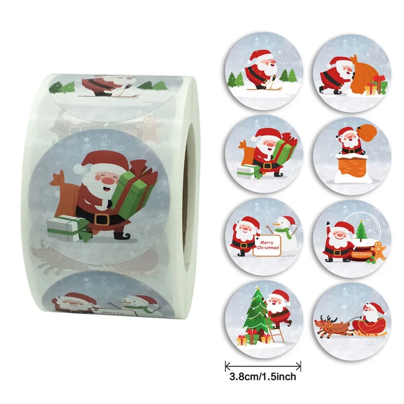 

500pcs Round 8 Designs Merry Christmas Thank You Stickers Seal Labels for Envelope Cards Gift Package Scrapbooking Decor